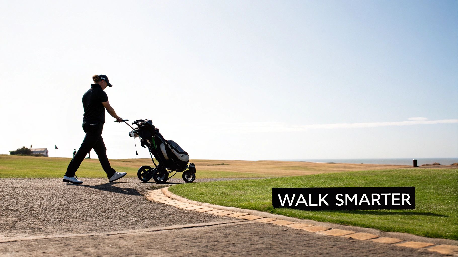 A golfer walks on a course pushing a black three-wheel golf cart under a clear sky.
