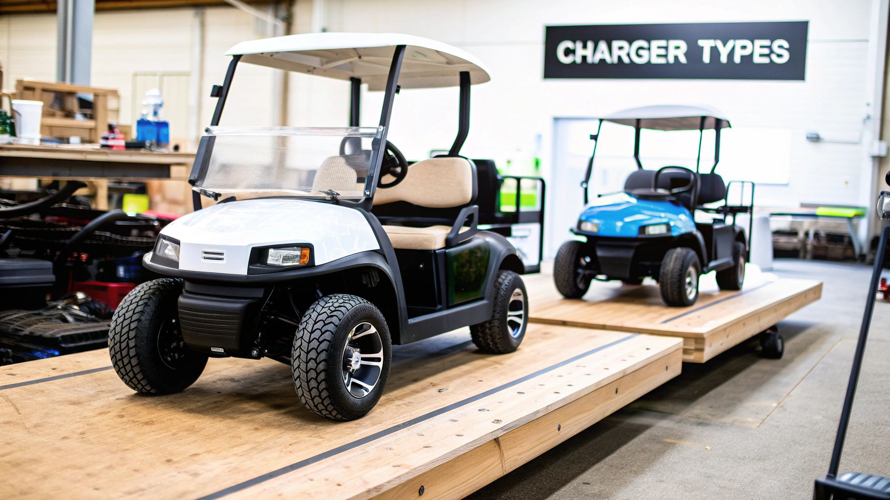 A modern, sleek charger for an electric golf cart sits on a clean surface.