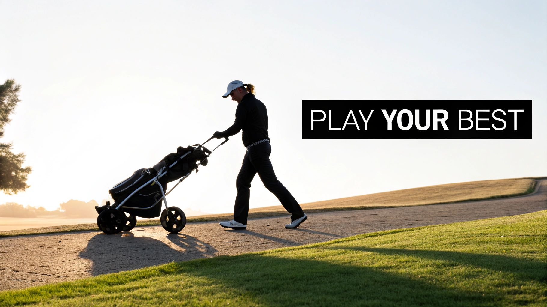 A golfer pushes a golf caddy along a path on a sunny golf course with the text 'PLAY YOUR BEST'.