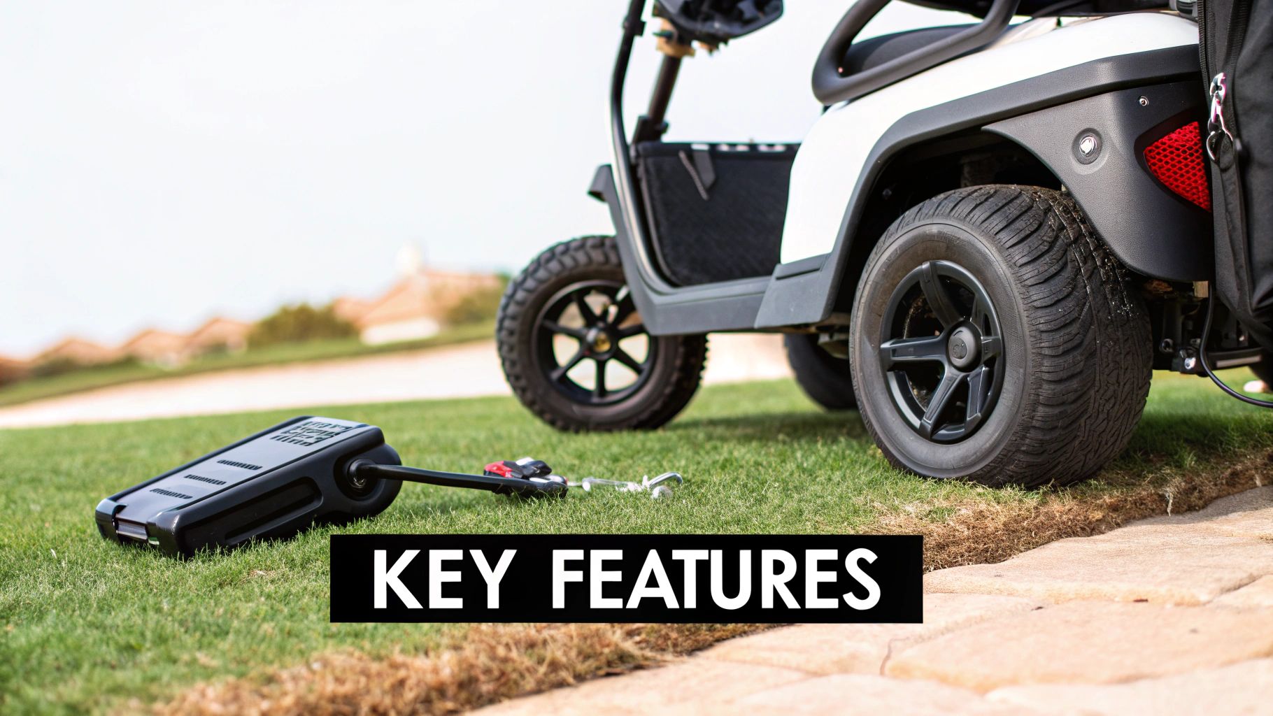 A black remote control for a motorized golf push cart resting on green grass near golf club and cart.