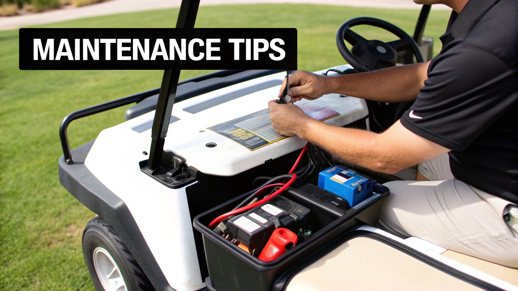 A man performs maintenance on an electric golf cart, focusing on the battery compartment on a golf course.