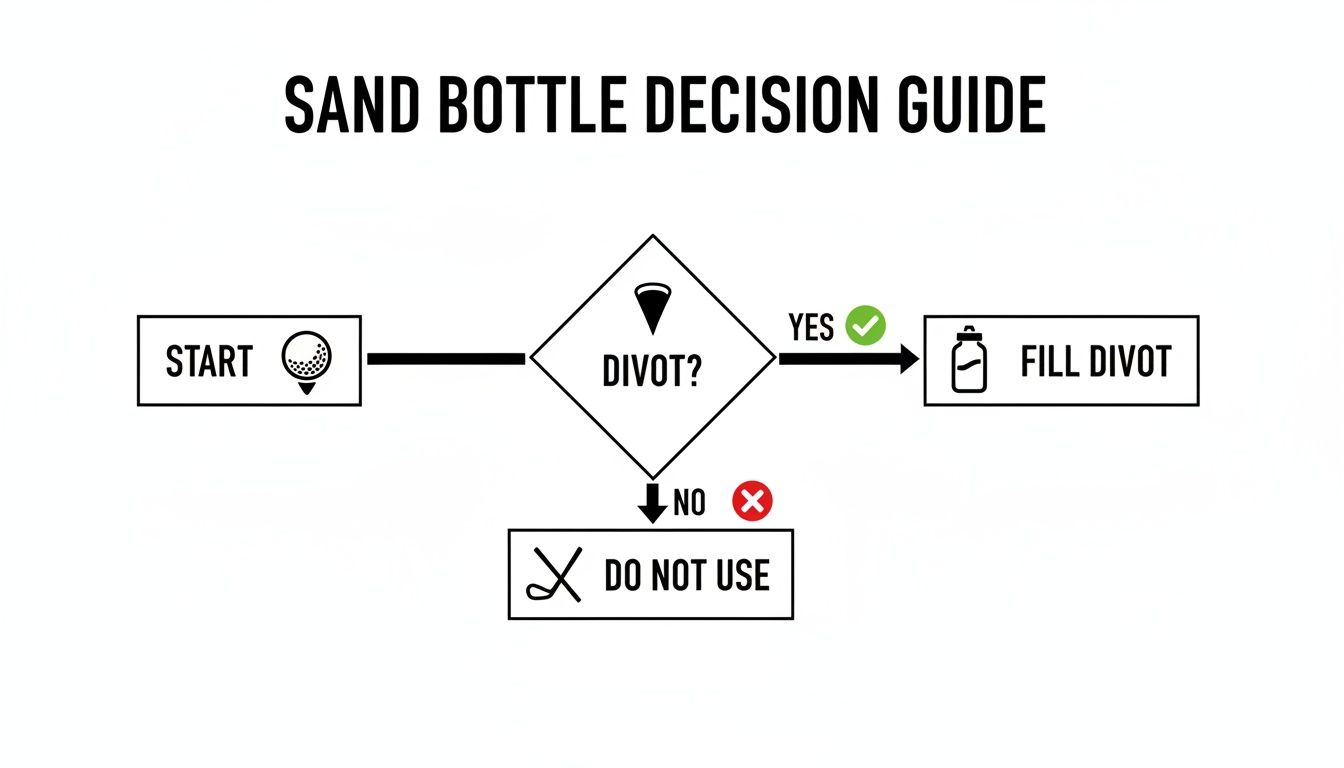 Flowchart: Sand Bottle Decision Guide, instructing to fill a divot if present, otherwise do not use.