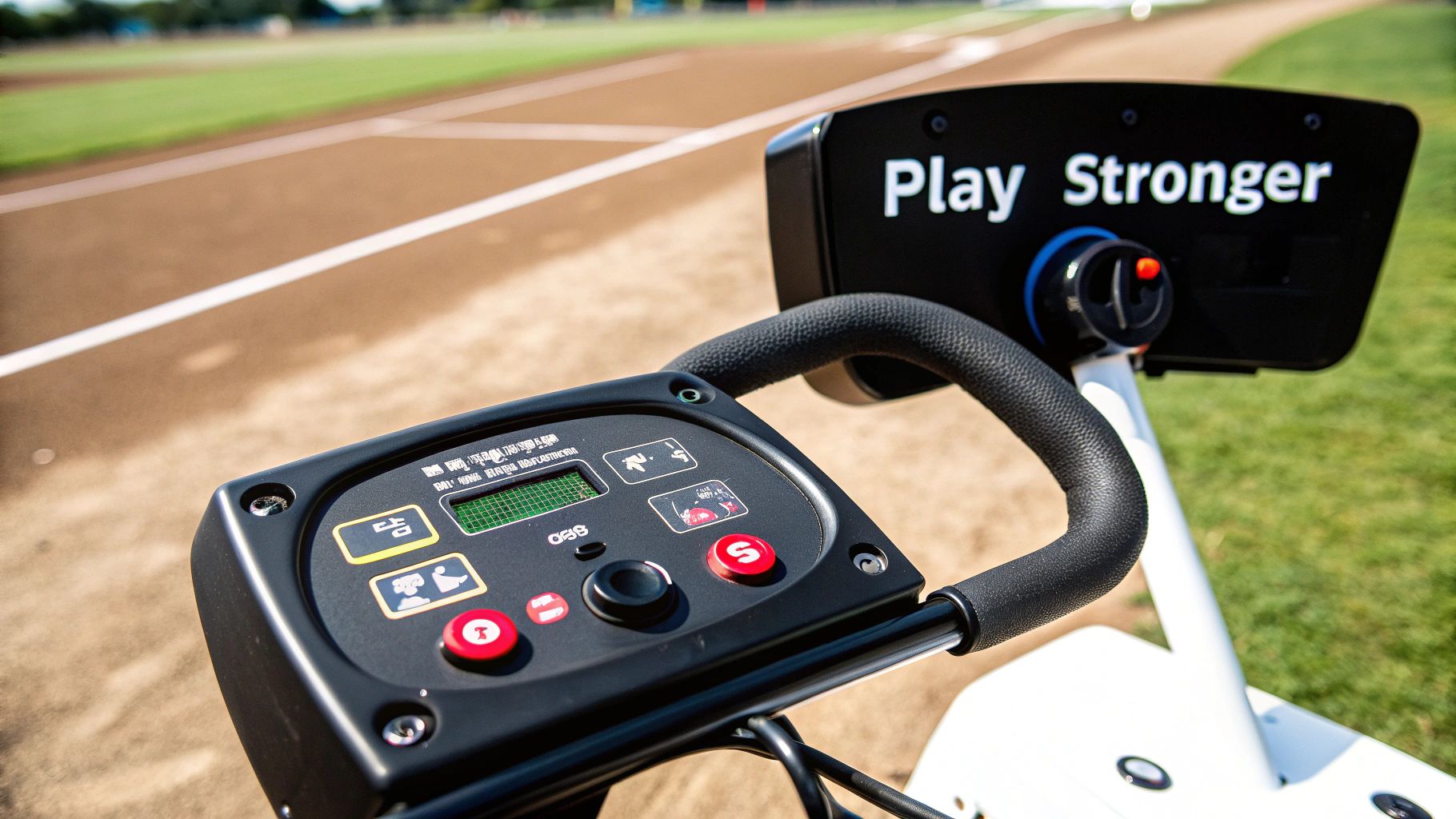 Close-up of a motorized push cart's control panel with a screen and buttons on a baseball field, featuring a "Play Stronger" sign.