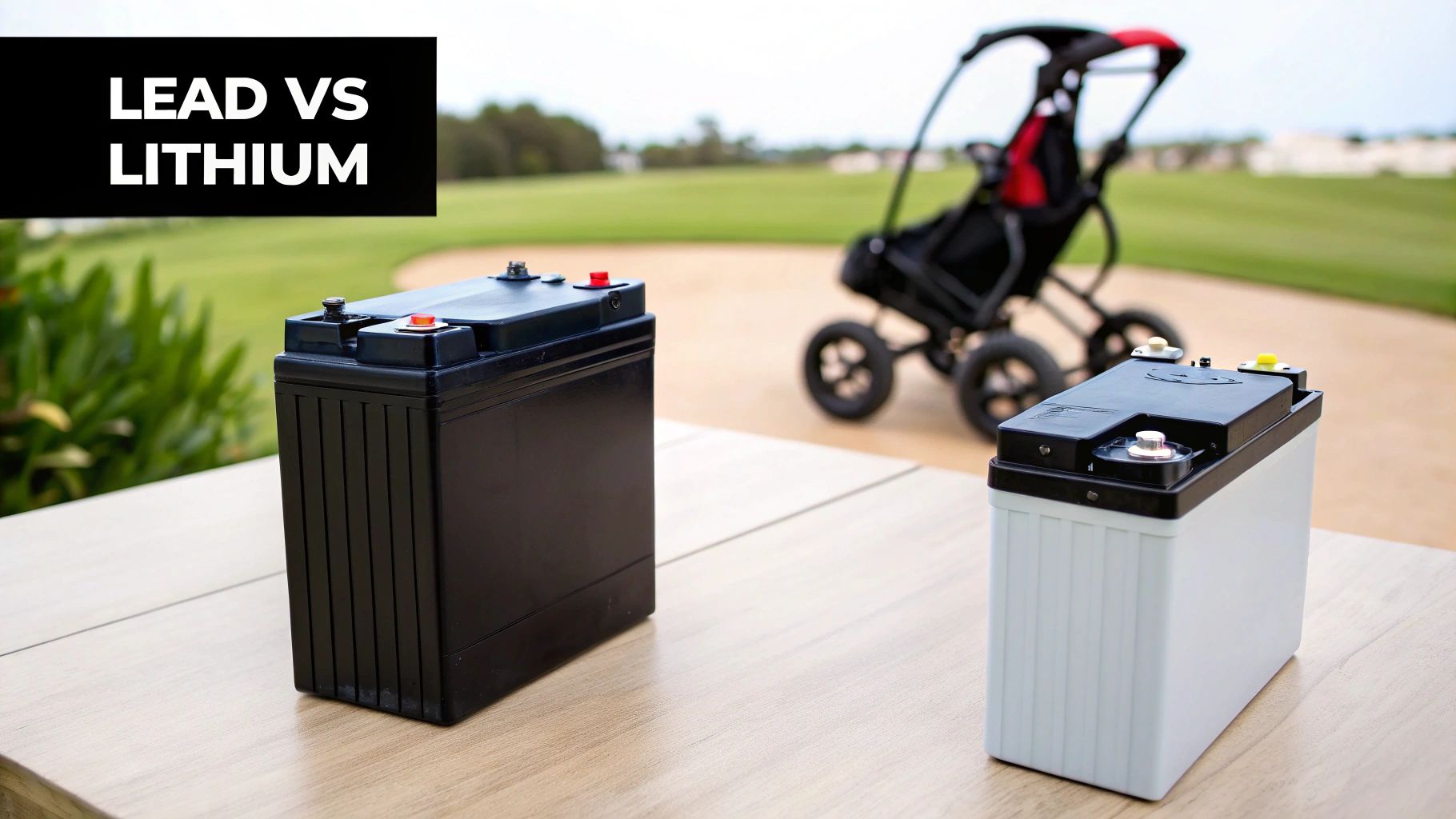 Two different golf trolley batteries side by side, one lead-acid and one lithium, for comparison.