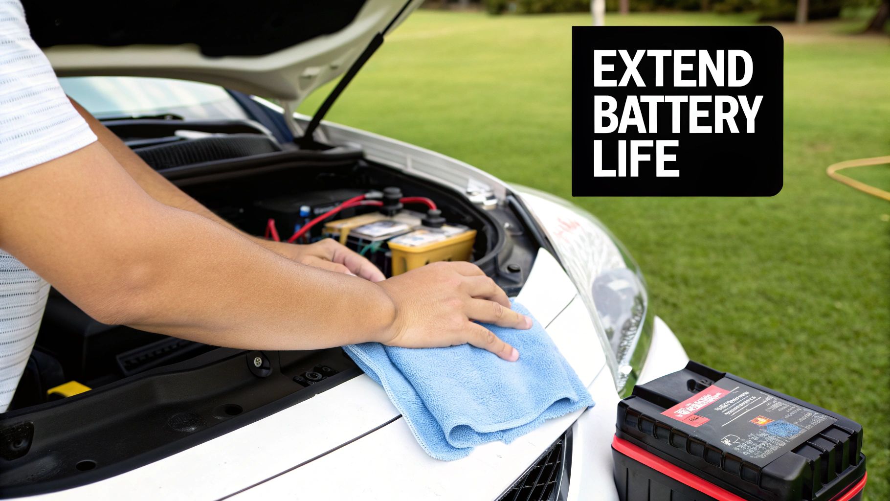 A golfer cleaning the terminals of a golf trolley battery.