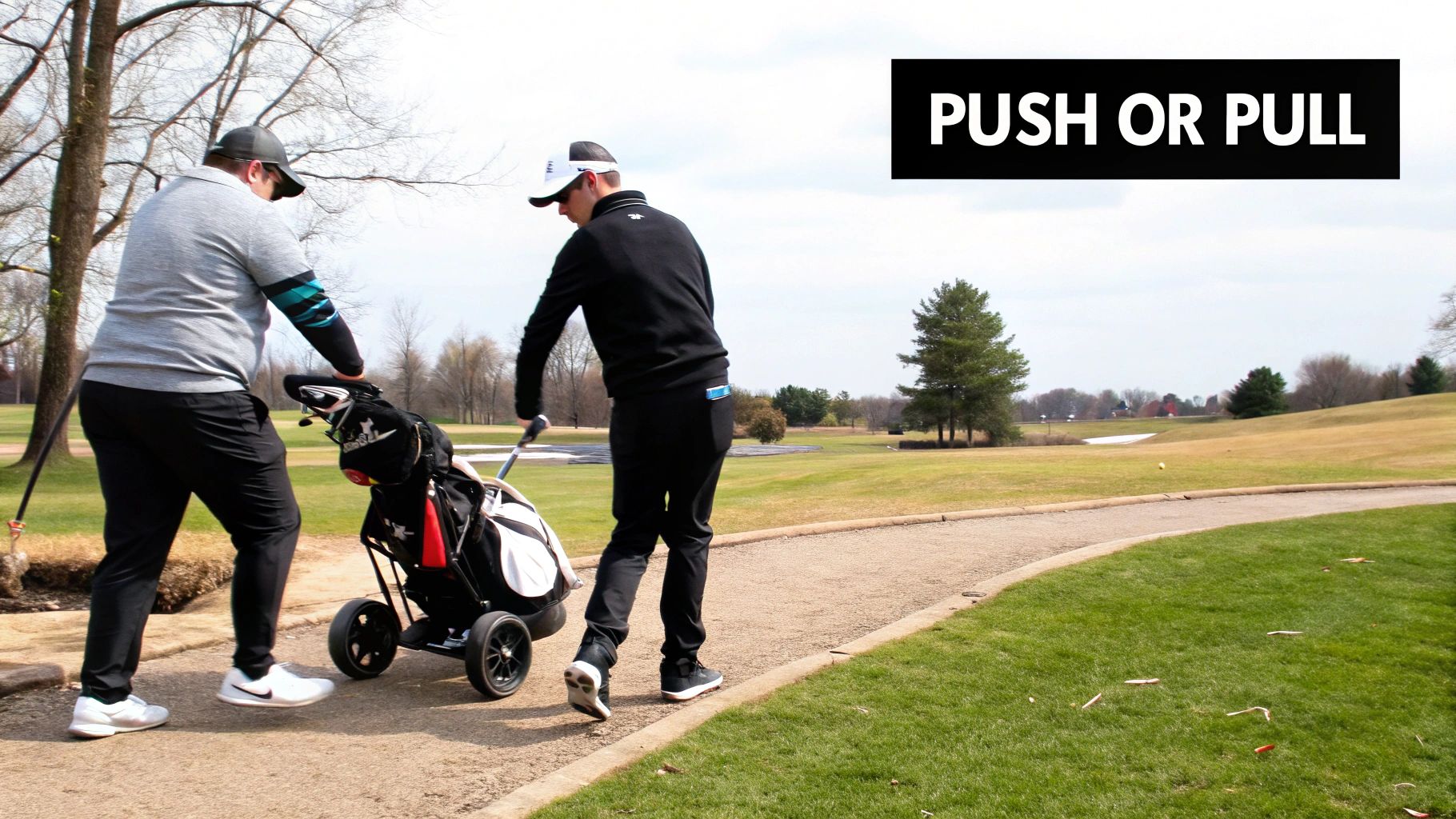 A golfer using a modern push pull cart with multiple features