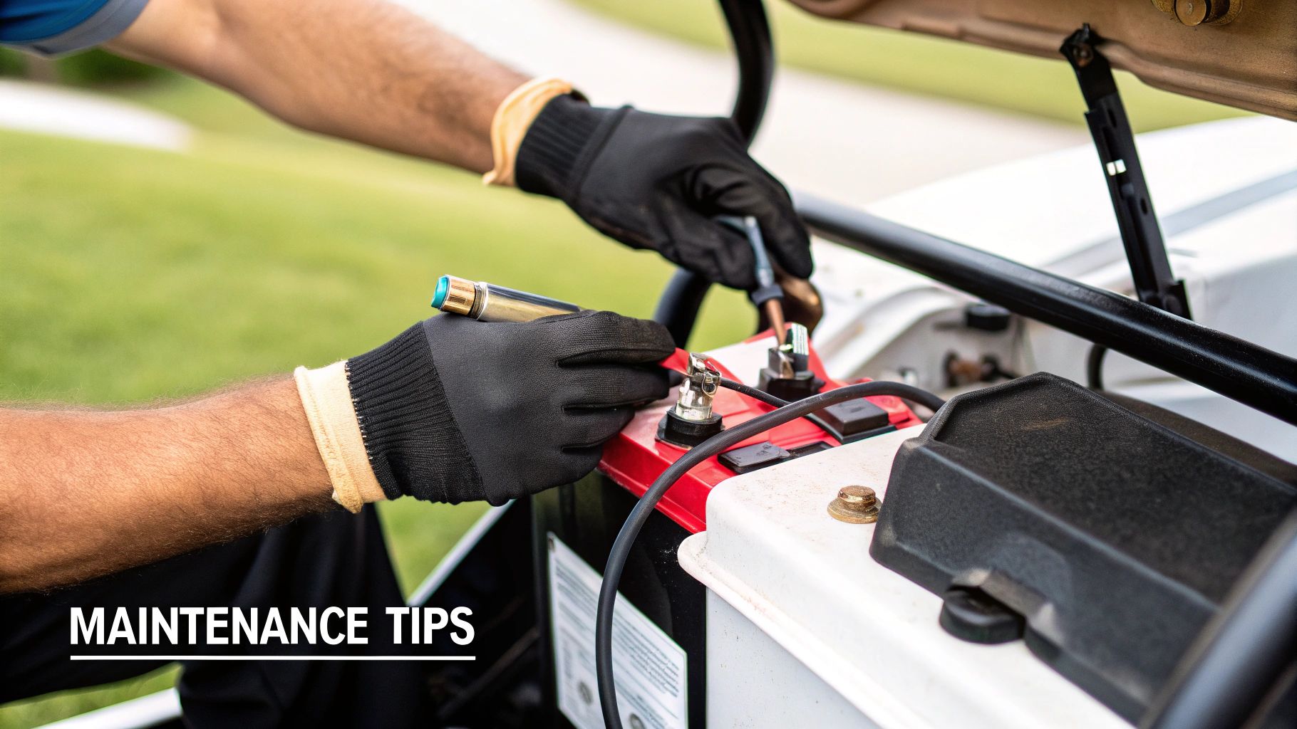 A golf cart parked in a garage with a battery tender connected, symbolizing long-term care.
