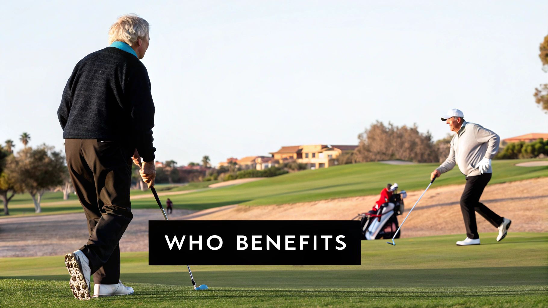 Two senior men playing golf on a lush green course with a 'Who Benefits' text overlay.