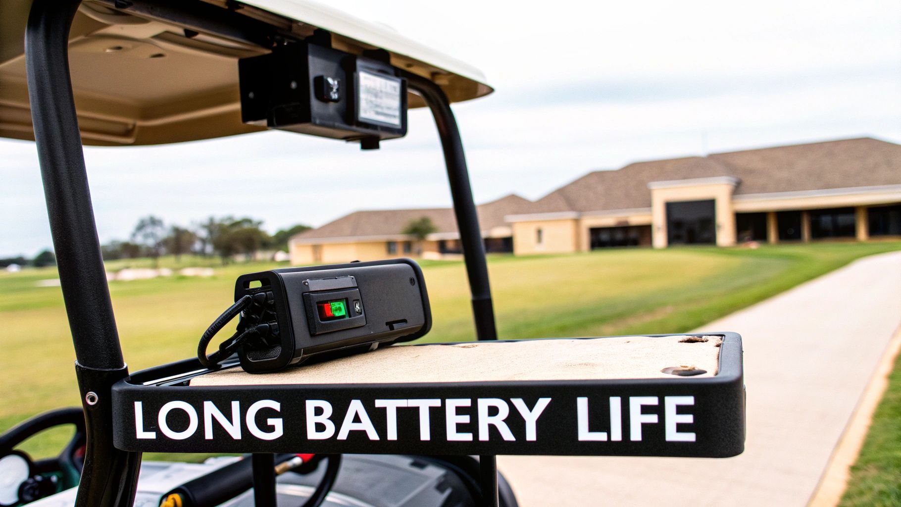 A black portable power device with 'LONG BATTERY LIFE' text sits on a golf cart console on a golf course.