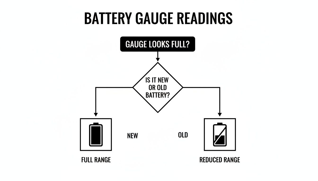 A flowchart explaining battery gauge readings, differentiating between new and old batteries for range interpretation.