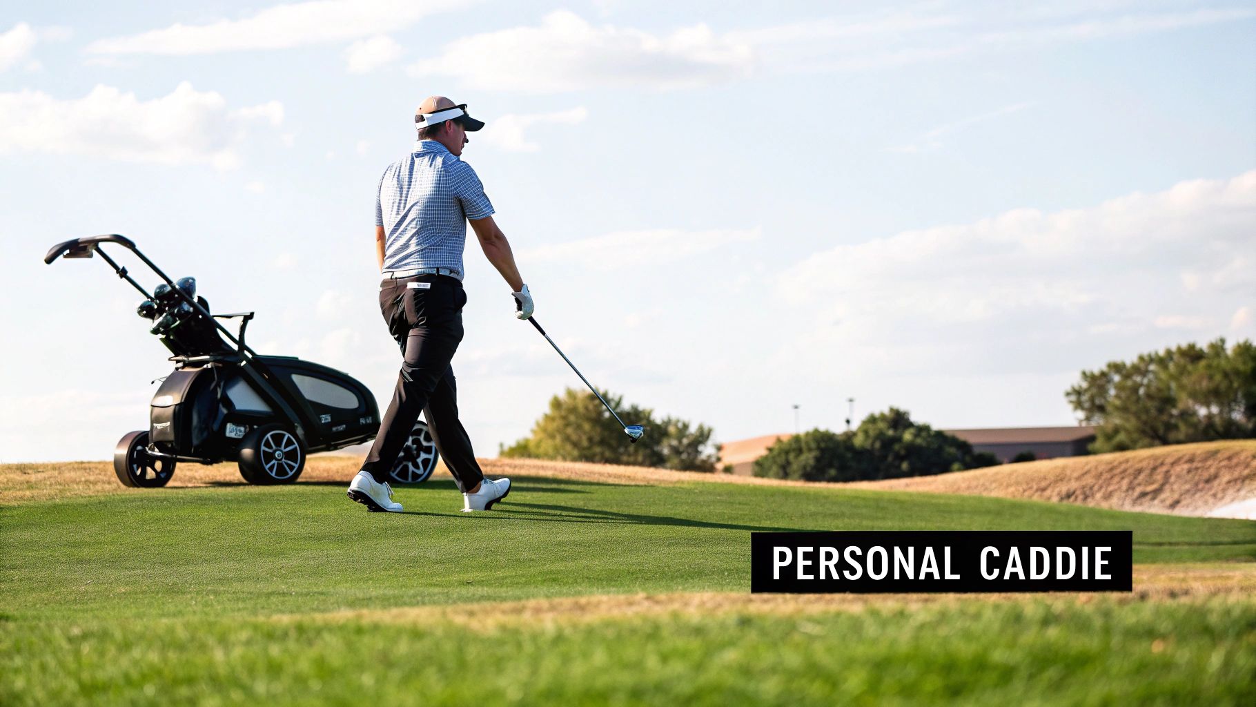 A golfer using a remote control electric golf cart on a lush, green course.