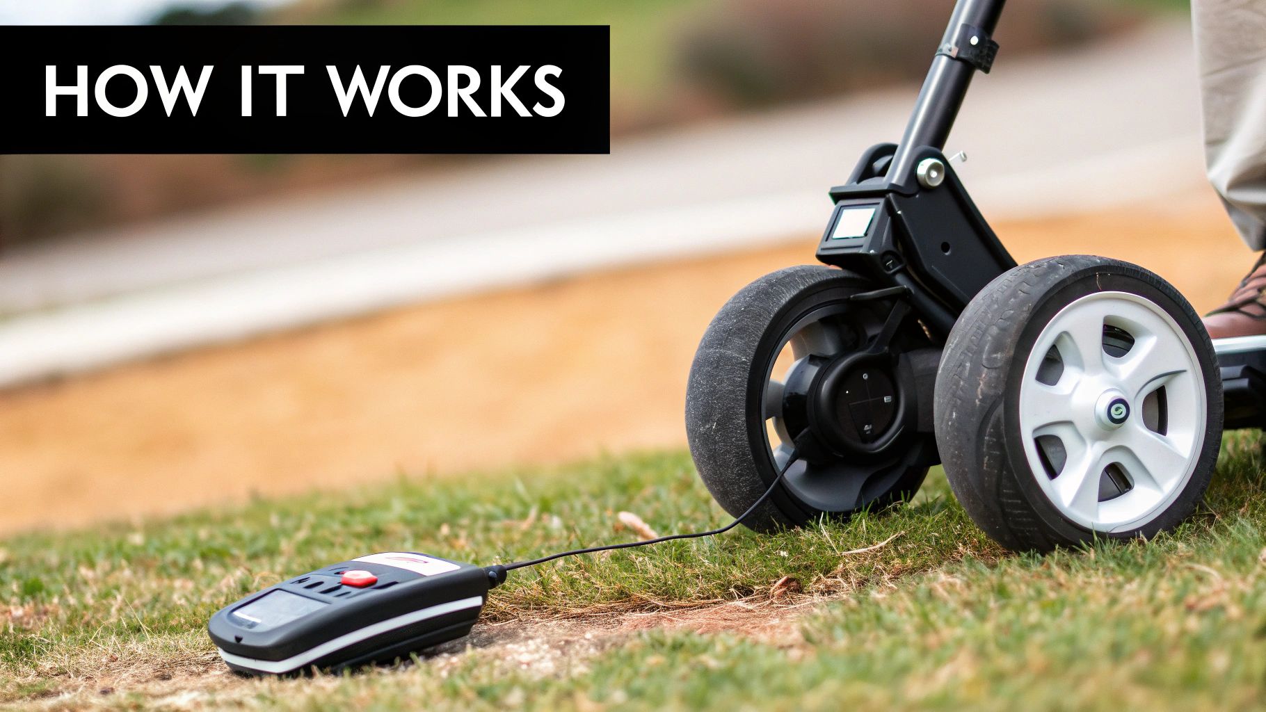 A close-up of the motorized wheel and battery system on an electric golf caddy.