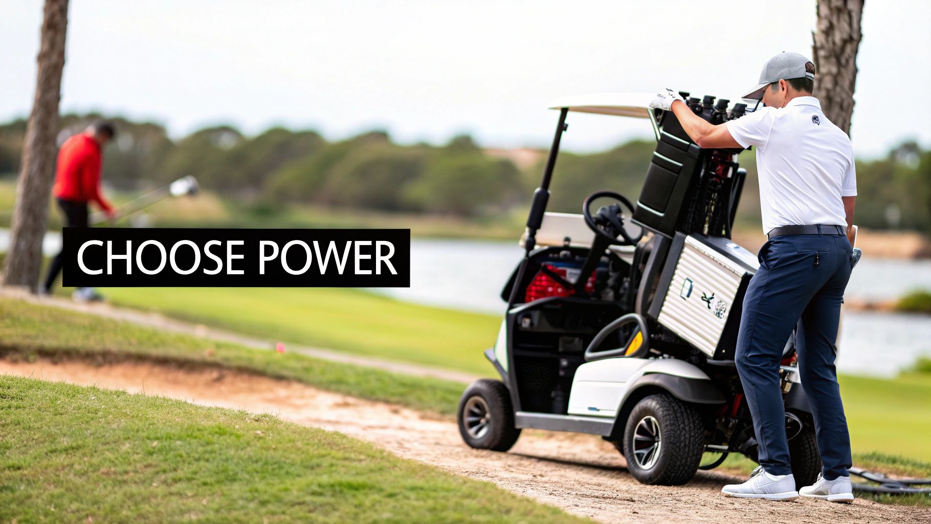 A golfer in a white shirt and blue pants loads equipment into a white golf cart on a course.