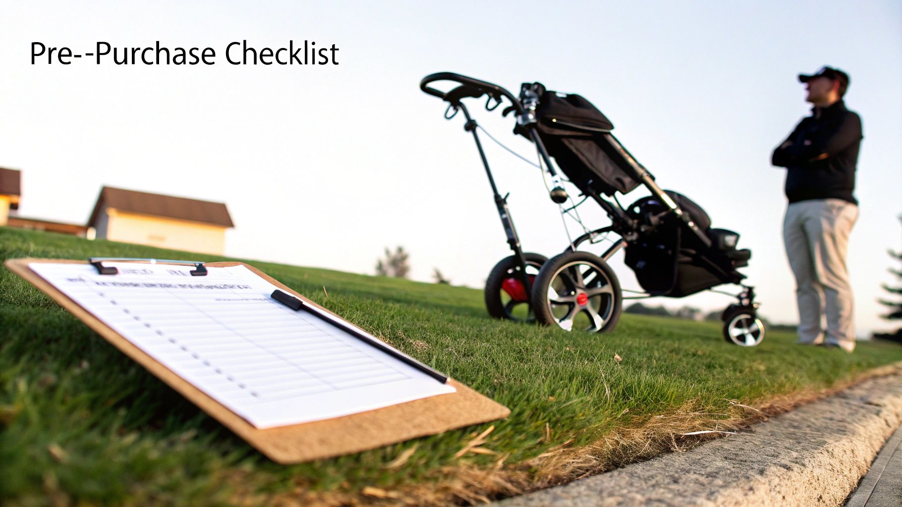 A pre-purchase checklist on a clipboard rests on green grass next to a golf push cart and golfer.