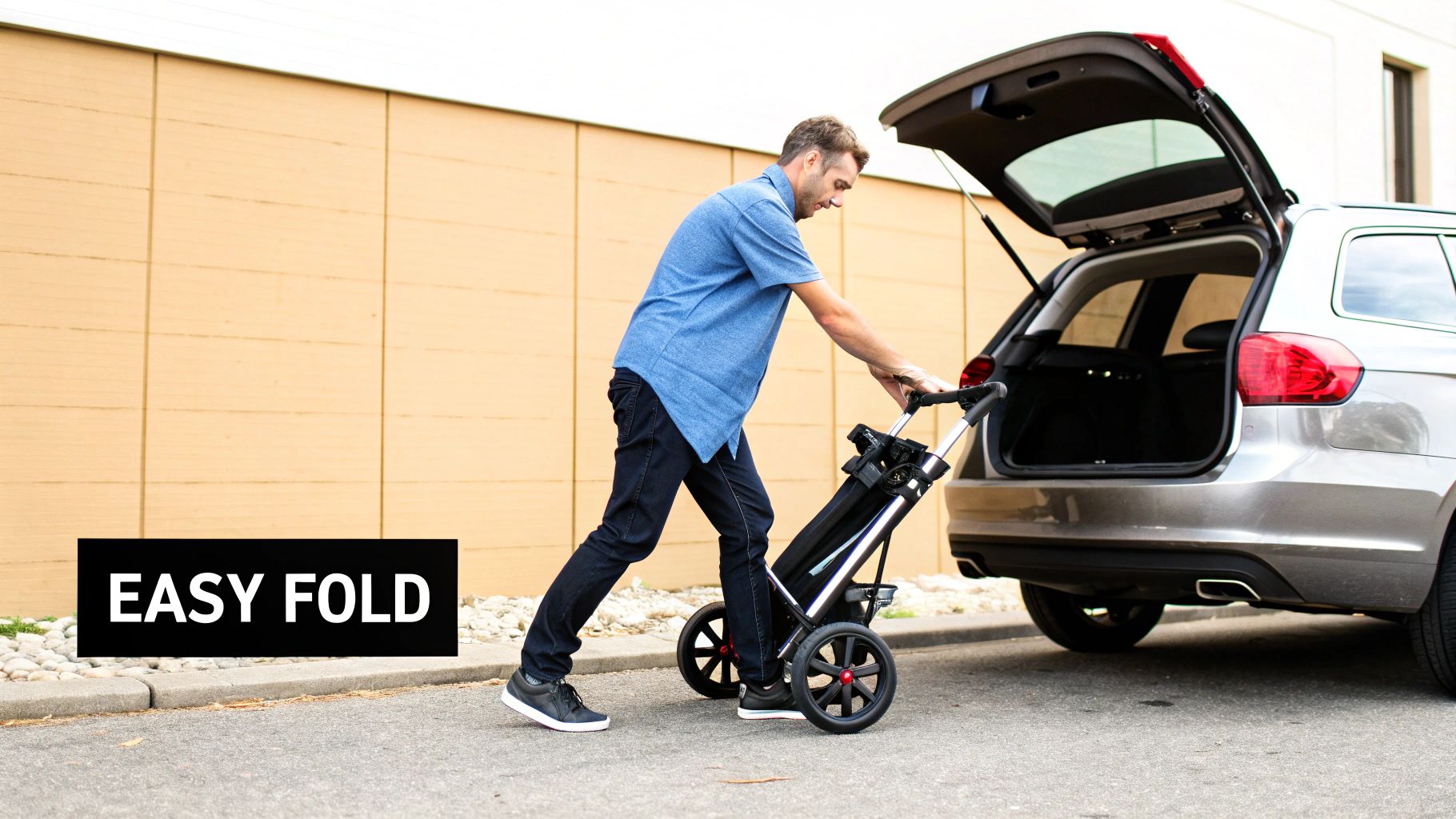 Man effortlessly loads a compact, easily foldable golf push cart into his SUV's trunk.
