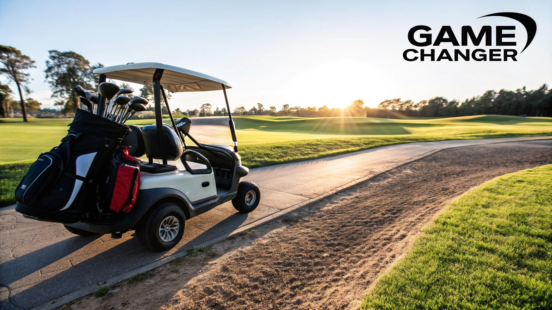 Golf bag with a built-in cooler holding several cold drinks, sitting on a golf cart on a sunny day
