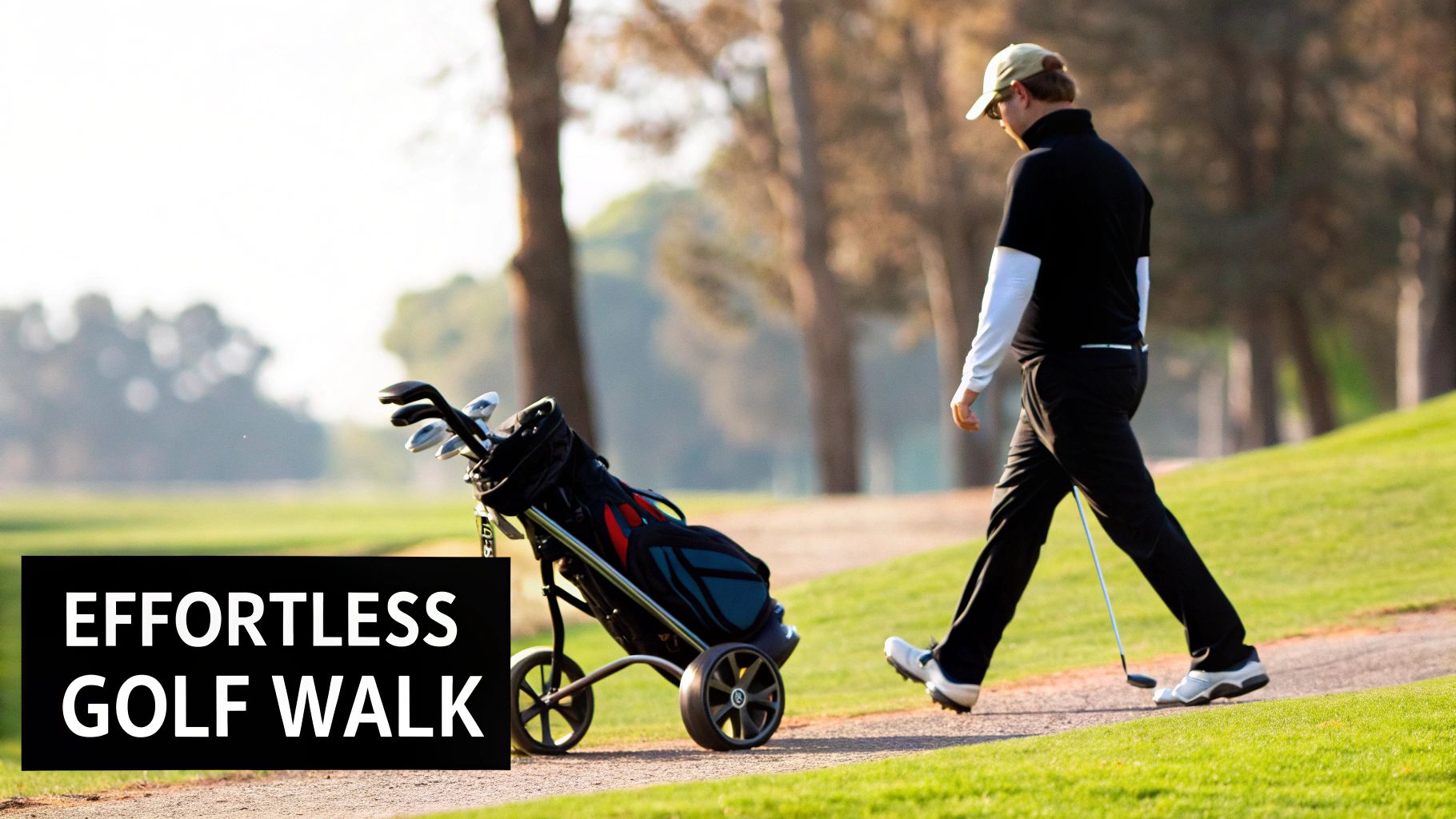 A golfer pushes an electric golf bag cart down a path on a sunny golf course.