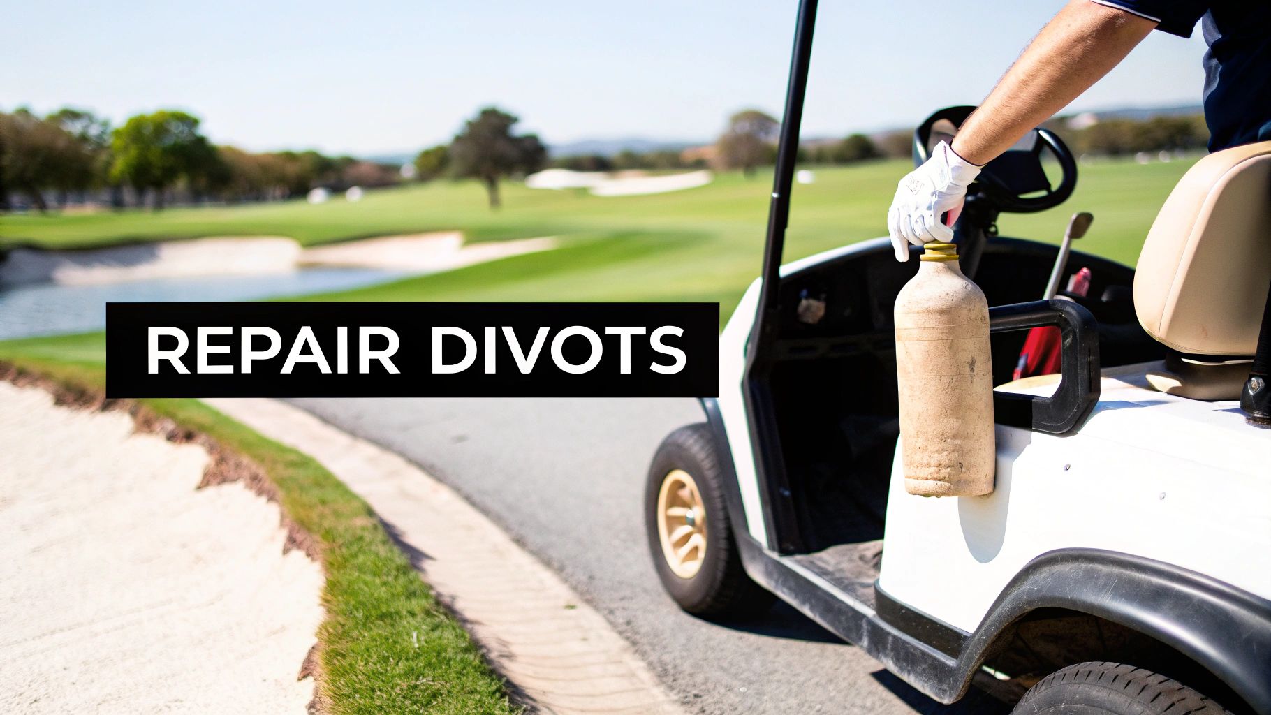 A golfer in a white golf cart on a sunny golf course, holding a sand bottle to repair divots.