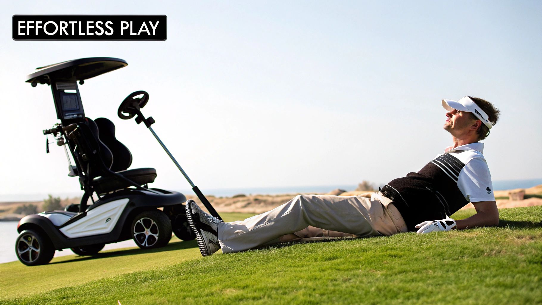 A remote control golf trolley on a vibrant green fairway.