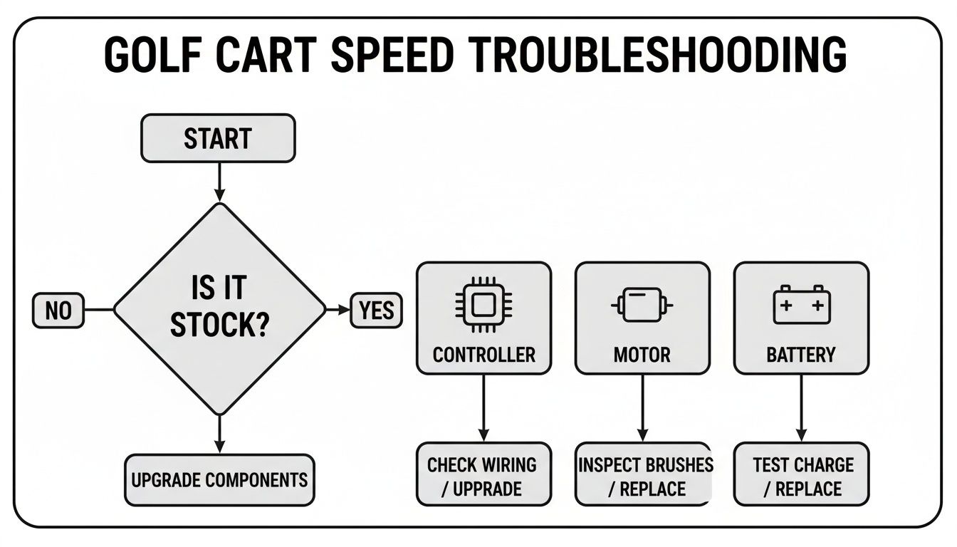 A flowchart detailing golf cart speed troubleshooting steps, addressing stock status, controller, motor, and battery issues.