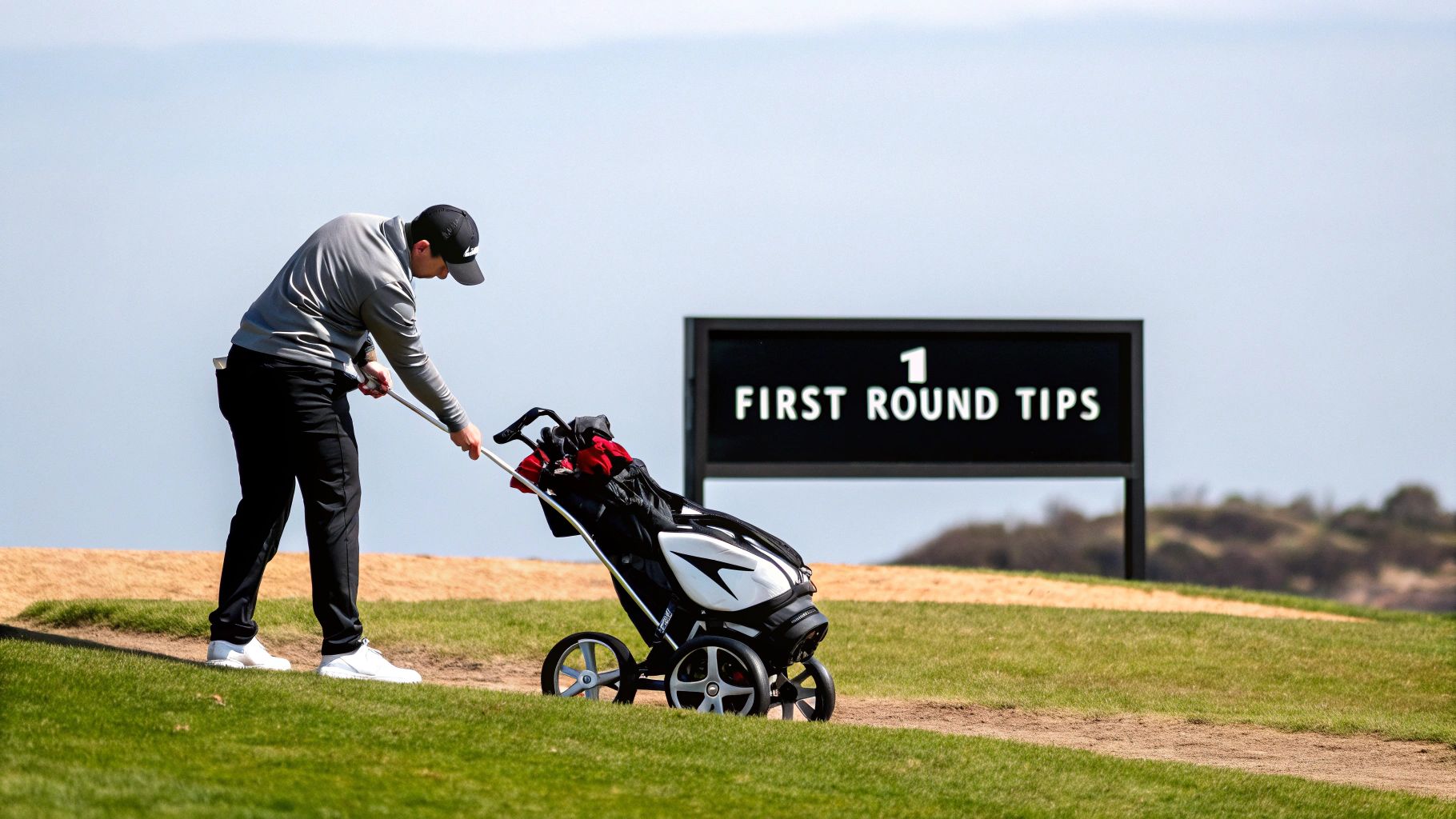 A golfer with their electric golf hand cart ready on the fairway.