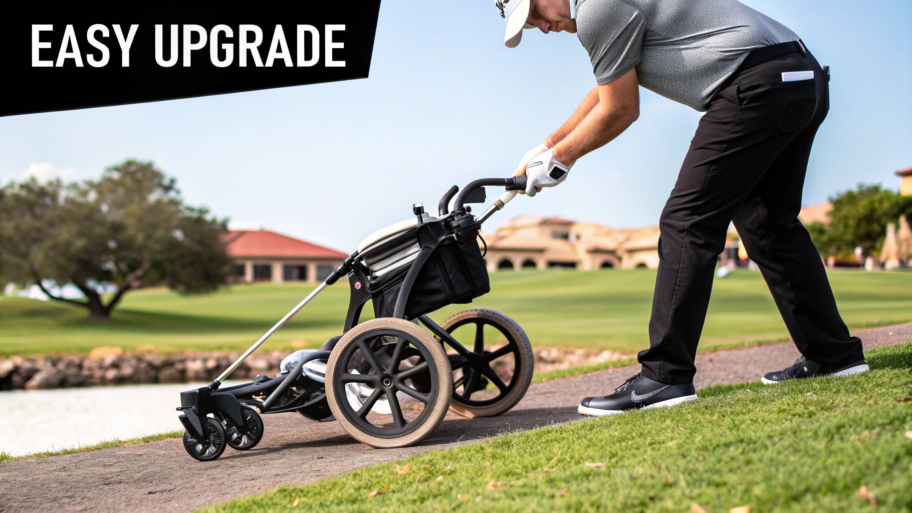 The Caddie Wheel electric conversion kit attached to a standard golf push cart on the course.