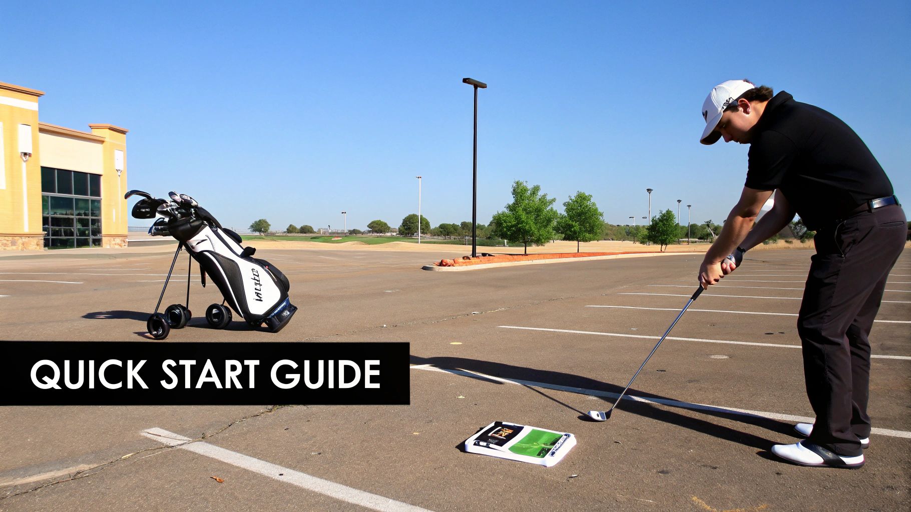 A golfer getting their new remote control caddy set up on a driveway before heading to the course.