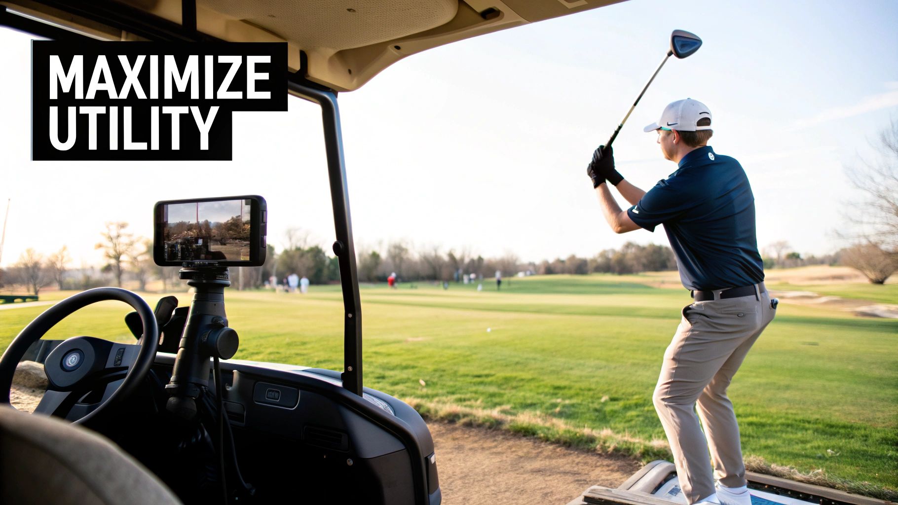 A person adjusting their phone in a golf cart mobile phone holder, with a sunny golf course in the background.