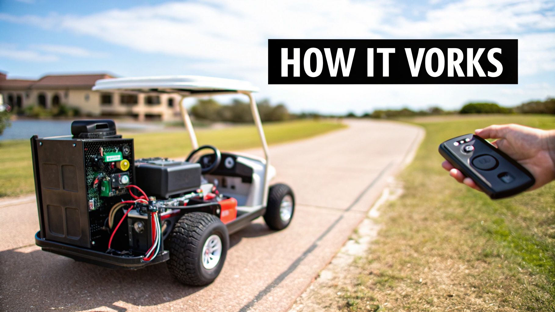 An electric caddy's motor and wheel assembly on a golf course