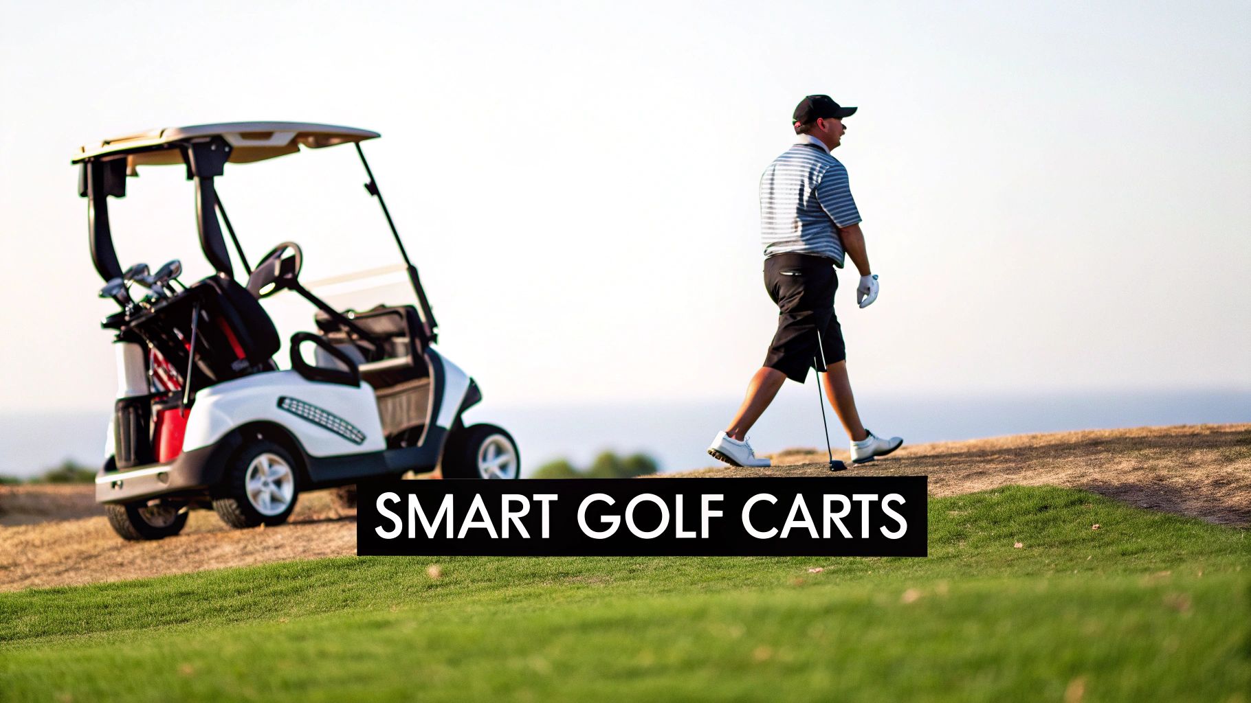 A golfer walks on a sunny golf course past a white golf cart, with text 'SMART GOLF CARTS'.