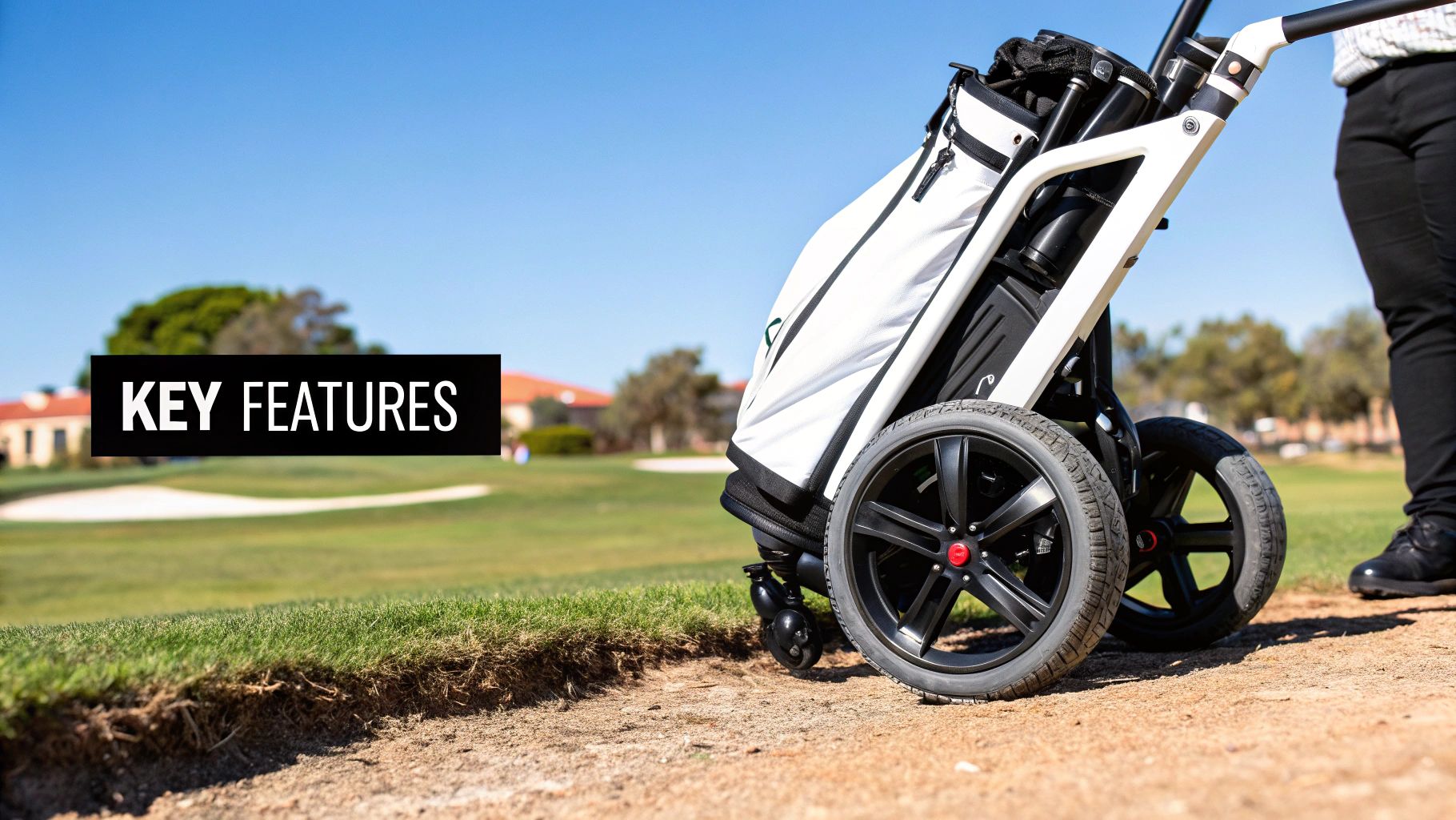 A modern three-wheel pull cart with a golf bag securely attached, showcasing its features.