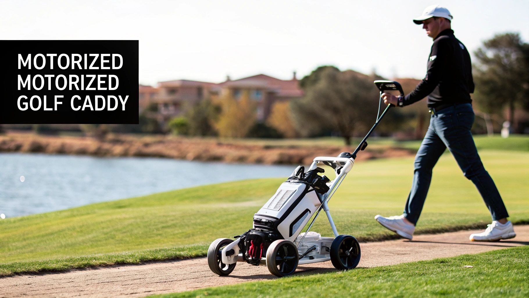 A golfer pushes a sleek white motorized golf caddy along a path on a sunny course.