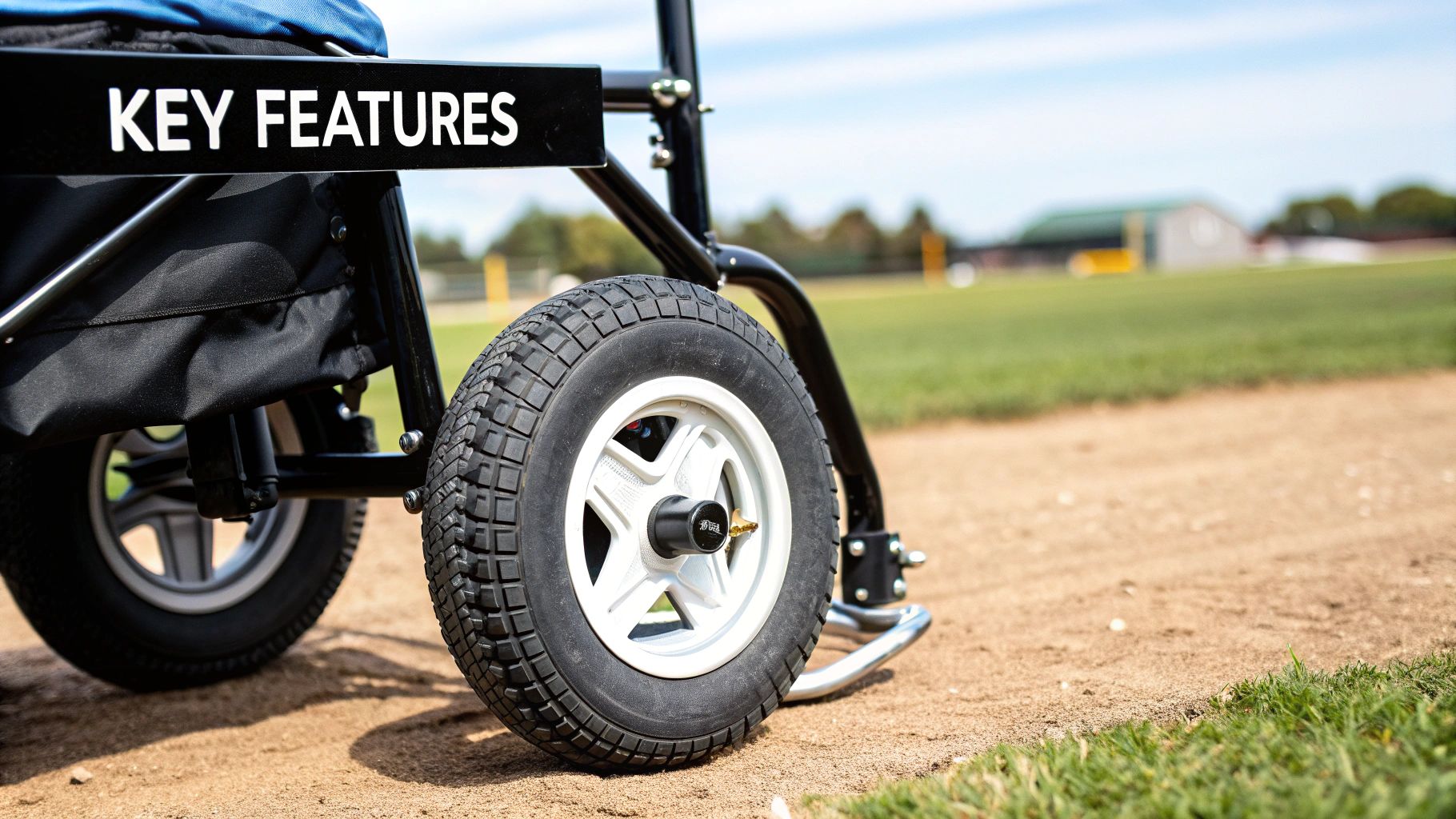 Close-up of a golf bag pull cart's rugged wheel on a dirt path, with a 'KEY FEATURES' sign.