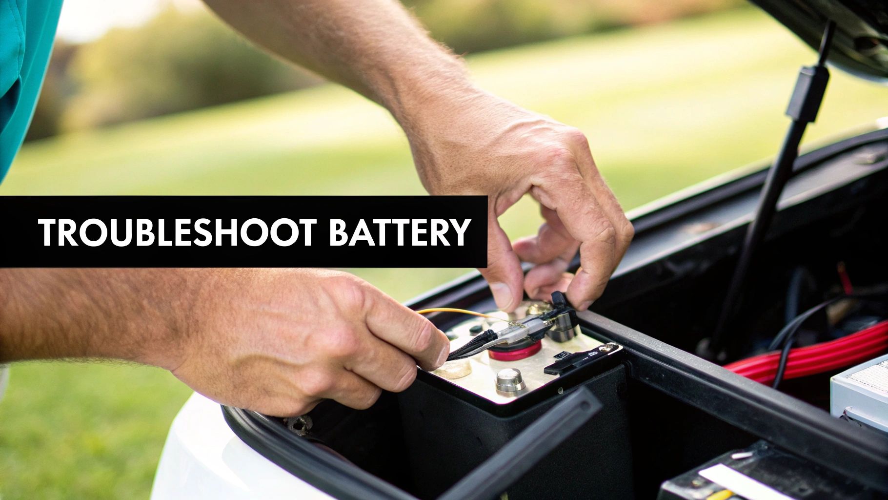 Close-up of hands troubleshooting a battery, possibly in a golf trolley, with tools.
