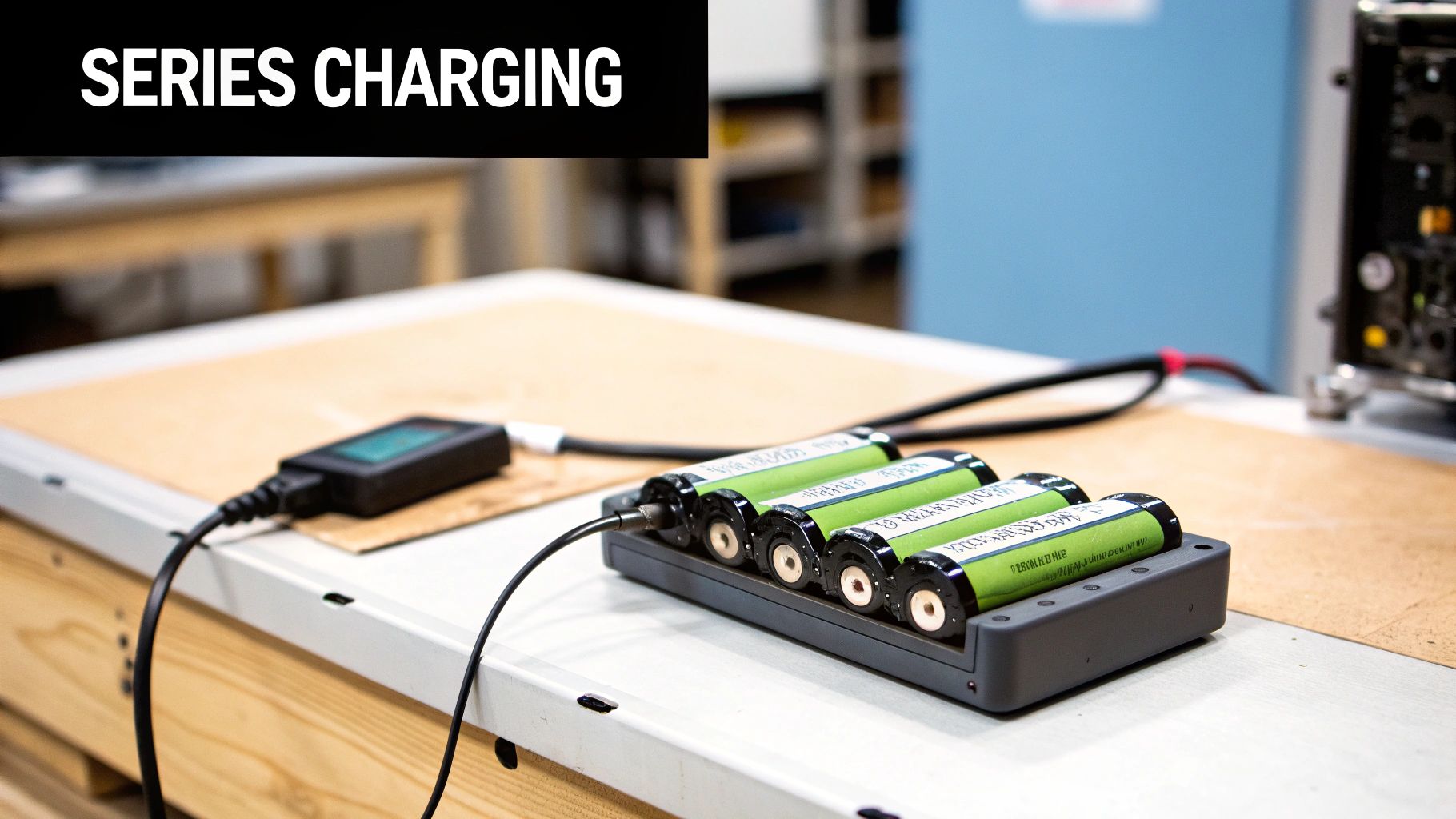 Four green rechargeable lithium-ion batteries charging in series on black charger with cable connection