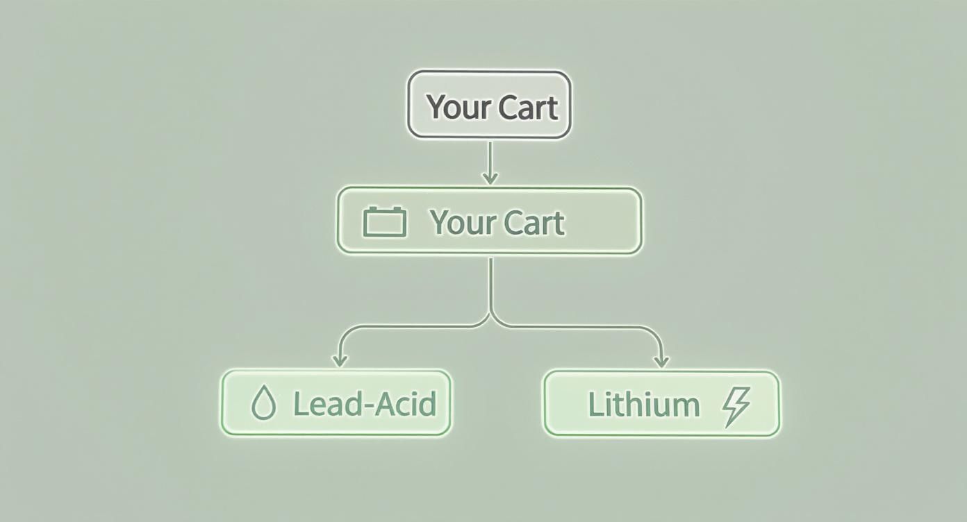 Flowchart diagram showing shopping cart navigation for selecting between lead-acid and lithium battery charger types