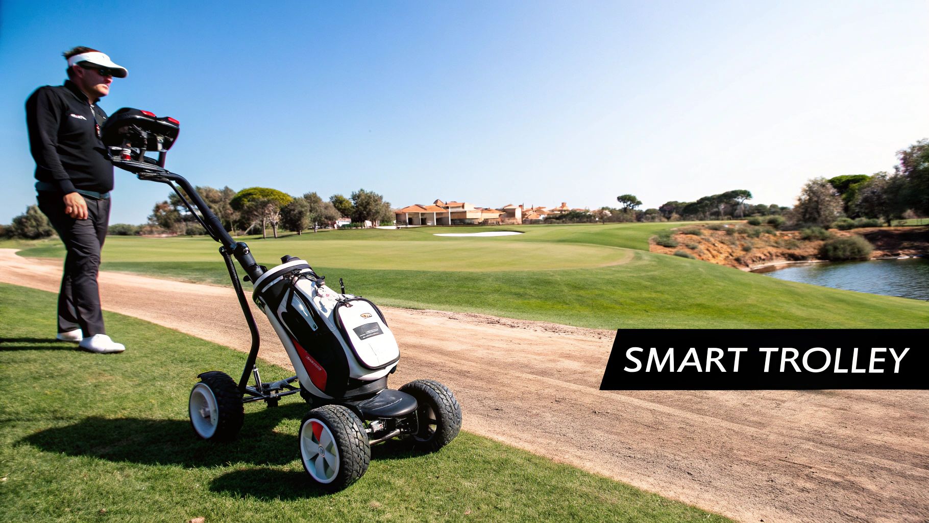A remote control golf trolley on a green fairway