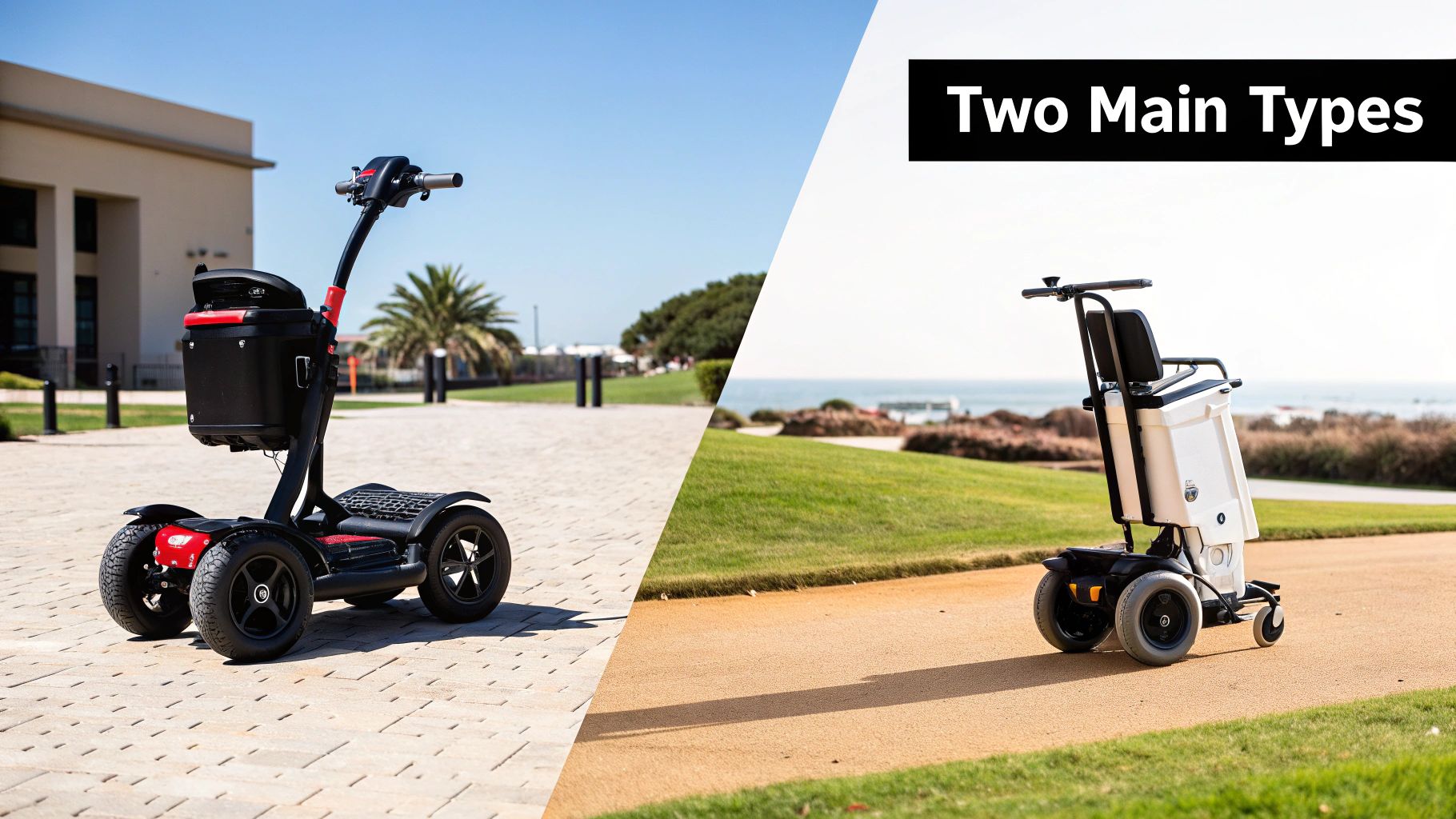 Two main types of electric golf bag carts: a black and red four-wheeler and a white seated scooter.