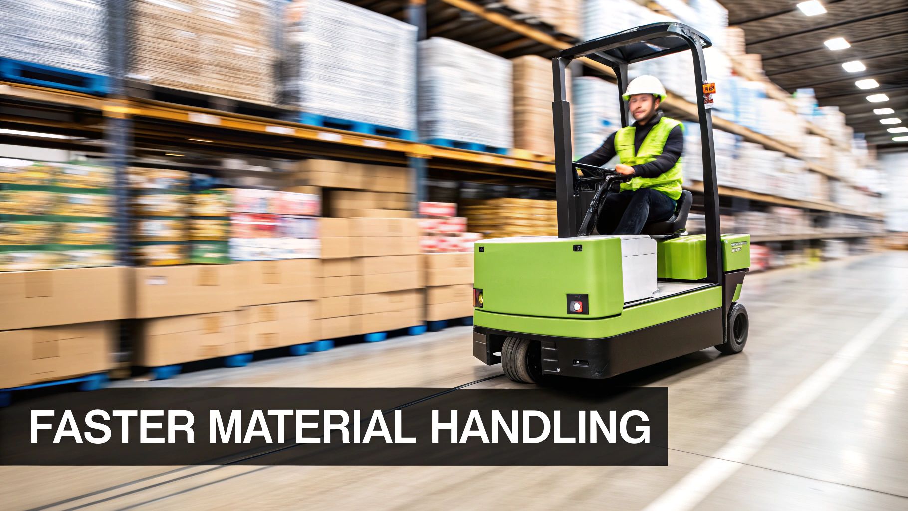 A person using an electric power cart to move supplies in a warehouse setting