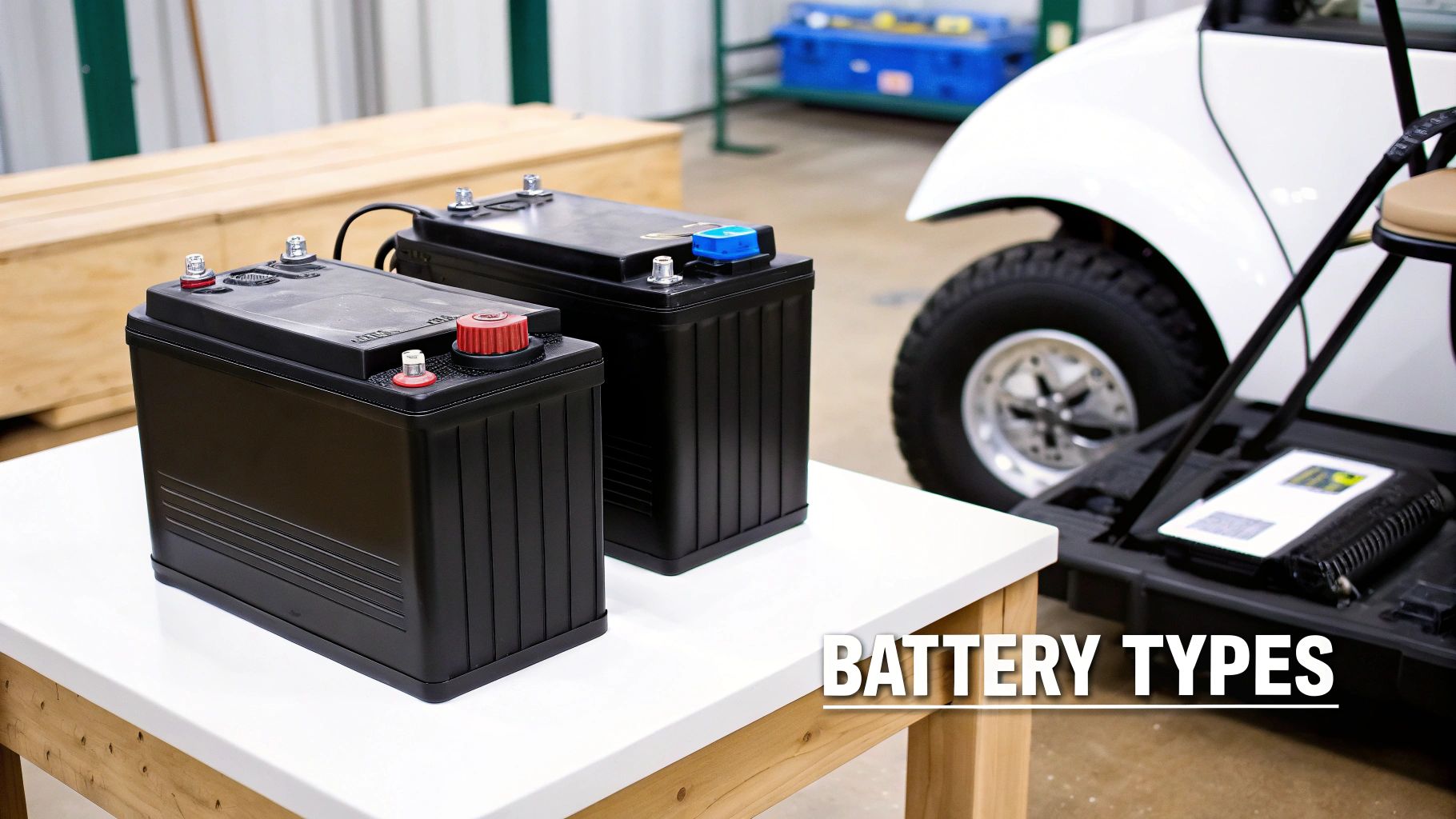 Two black deep-cycle batteries with terminals on a white table, next to a golf cart.