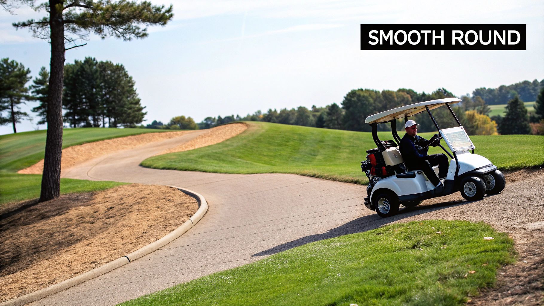 A golfer walking with their push cart on a lush, green golf course fairway.