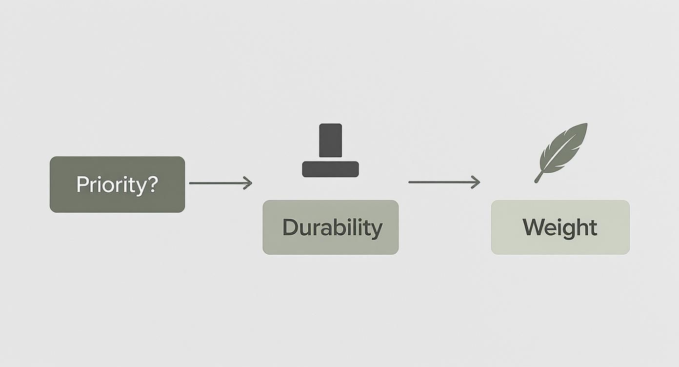 A flowchart diagram asking 'Priority?' leading to a decision between Durability and Weight, illustrated with icons.