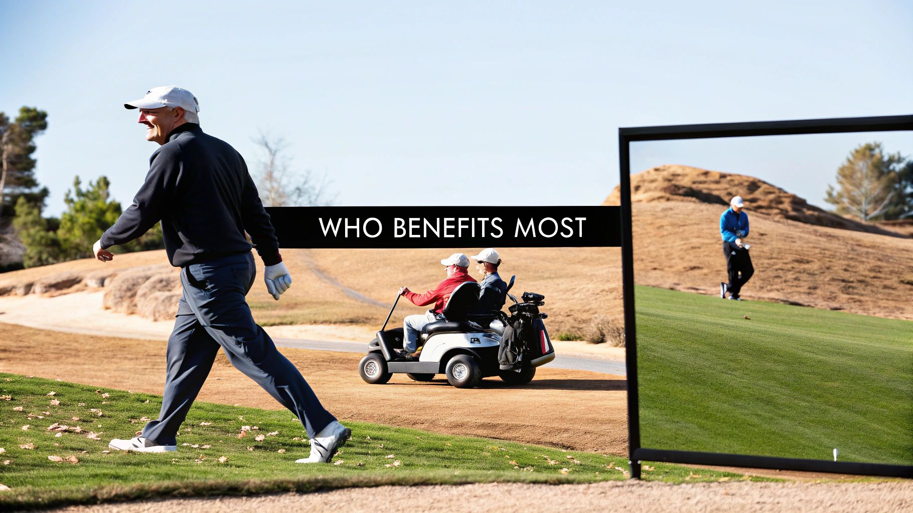 A smiling man walks on a golf course while others ride in a golf cart, with a reflection of another golfer.
