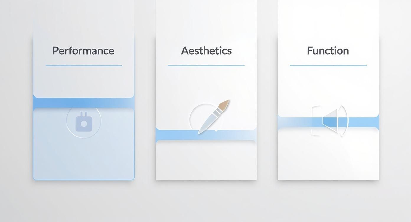 Three cards showing performance, aesthetics, and function features with icons representing power, design brush, and megaphone