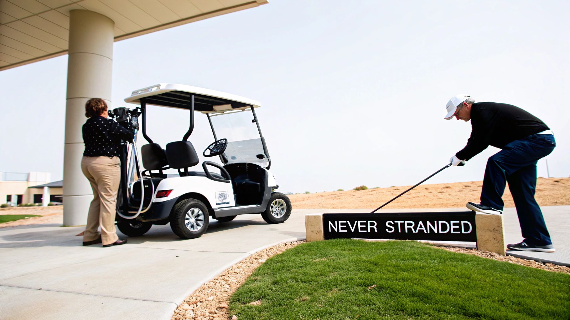 Professional videographer filming golfer demonstrating golf swing near cart with Never Stranded sign