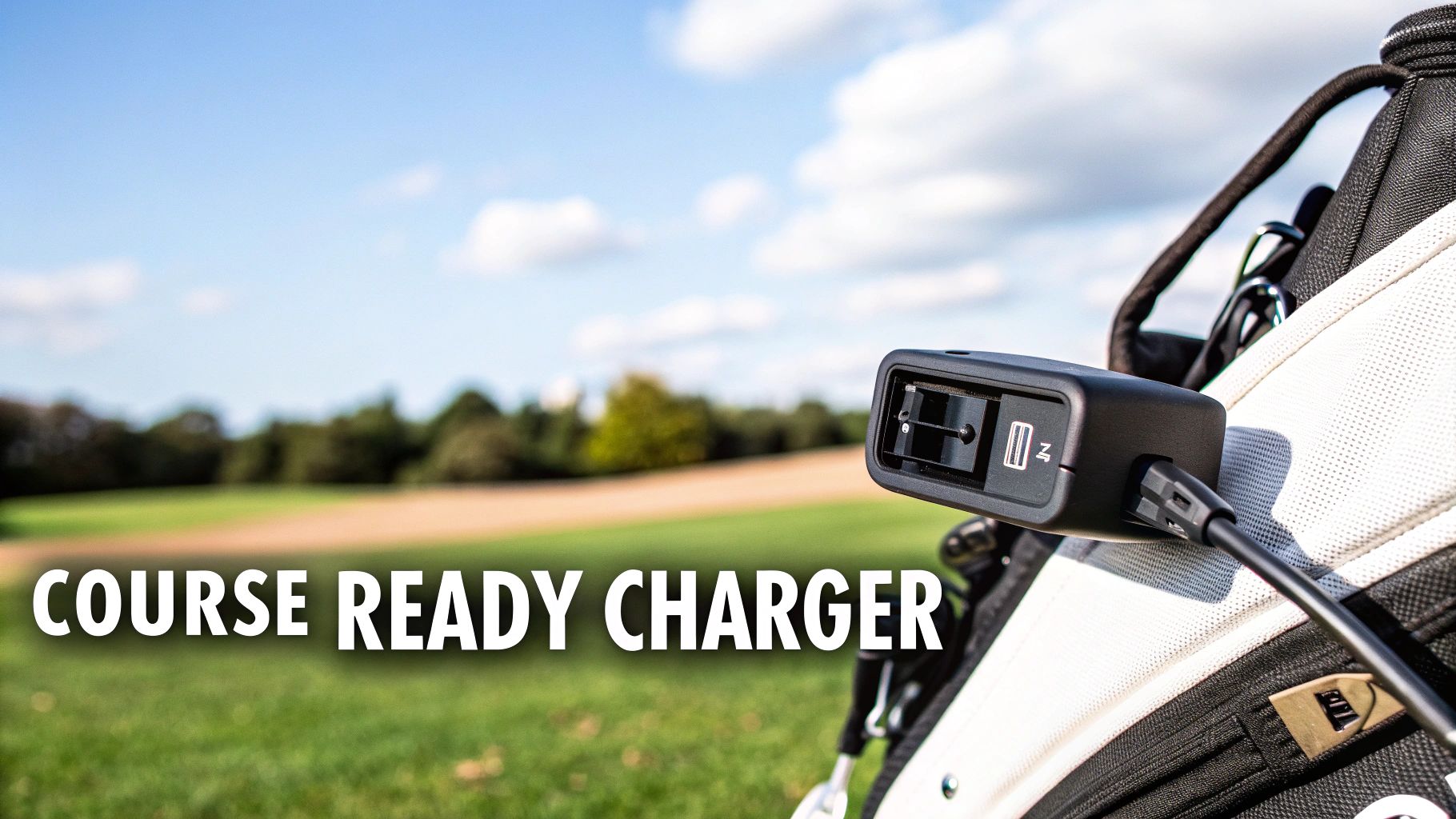 A black portable battery charger is plugged into a white golf bag on a sunny golf course.
