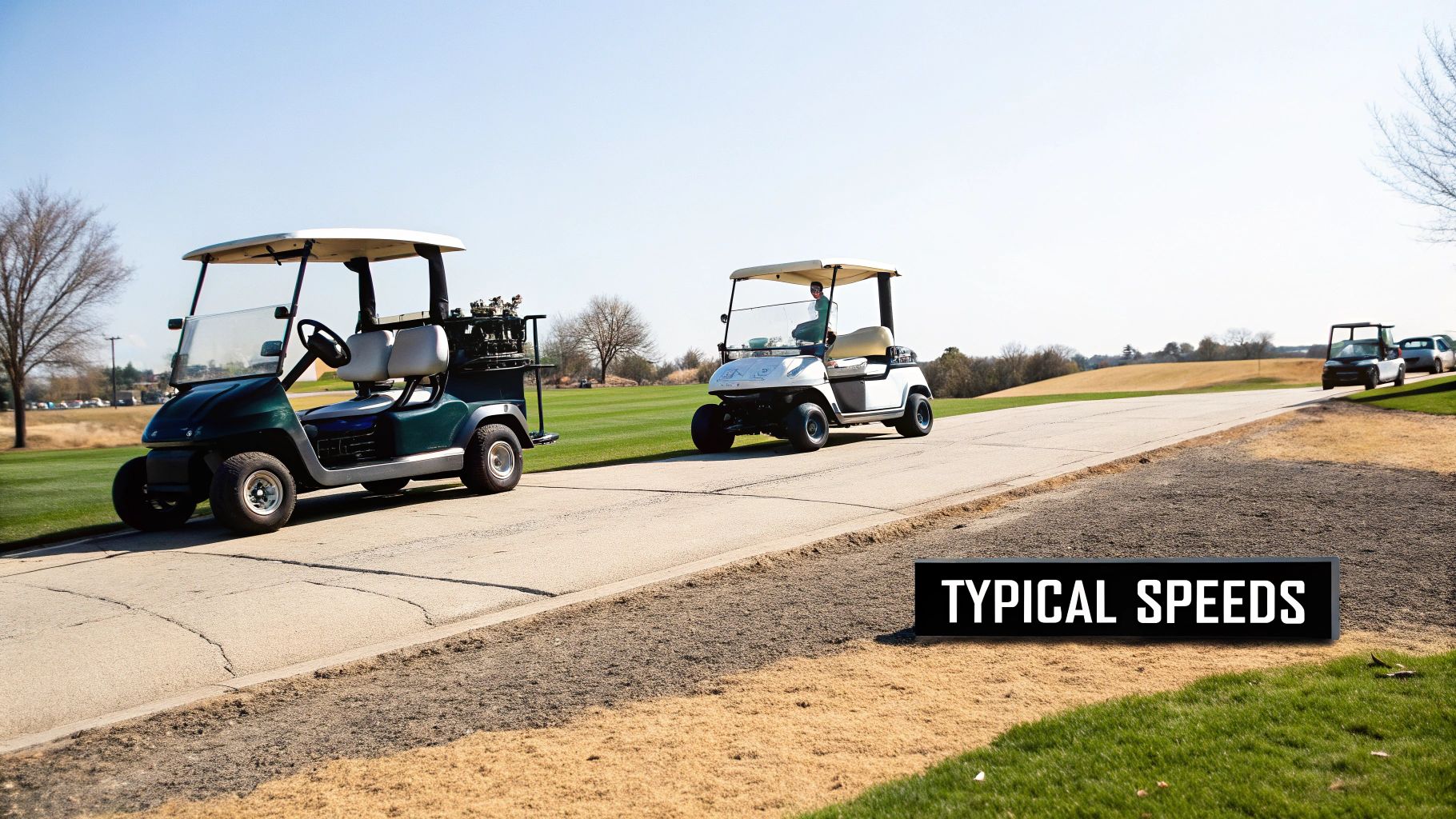 Several golf carts on a paved path at a golf course under a clear blue sky, with a 'Typical Speeds' sign.