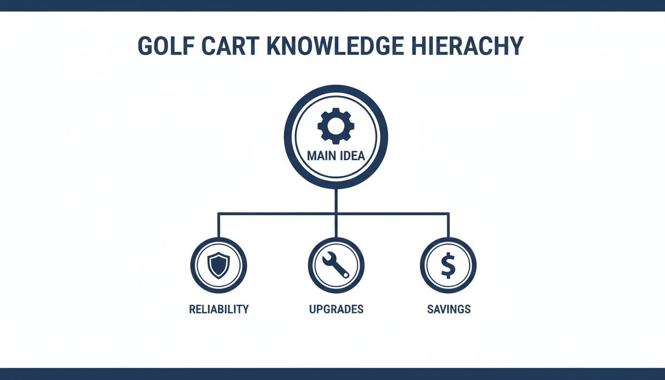 A golf cart knowledge hierarchy diagram showing main idea connected to reliability, upgrades, and savings.