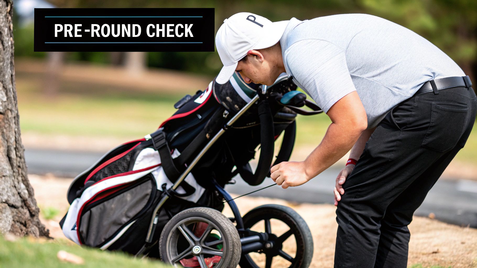 A golfer inspecting the wheel of a push cart on a golf course.