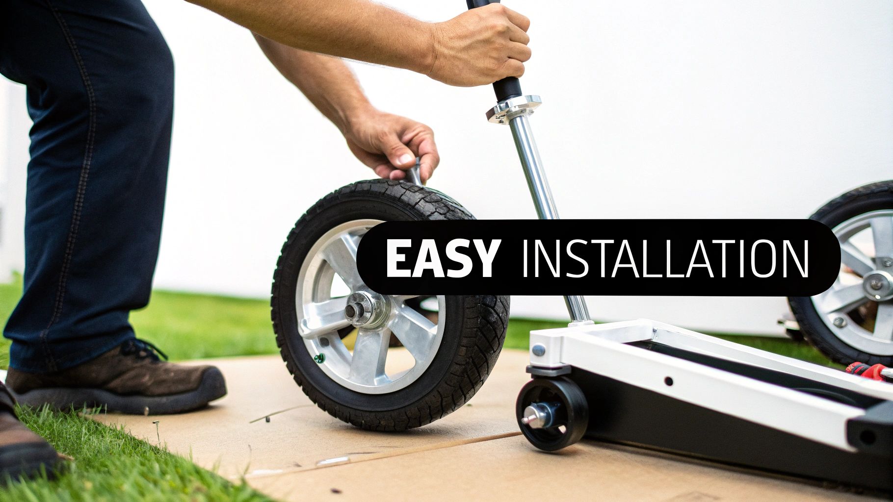A person is installing a wheel on a black and white golf caddy with the text 'EASY INSTALLATION'.